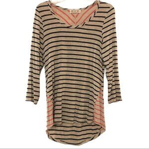 Pink Rose Womens Shirt Size M Beige Coral Navy Blue Stripe 3/4 Sleeve Scoop Neck
